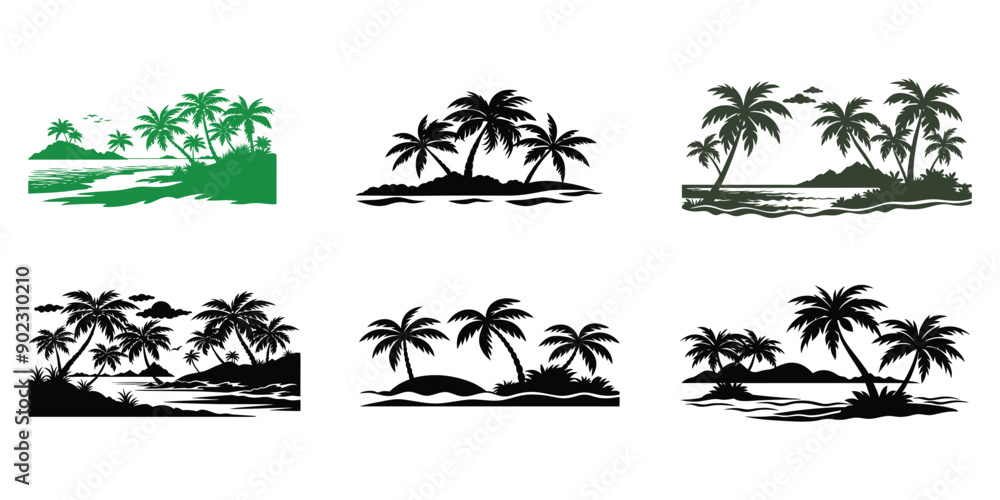 Fototapeta premium Tropical Paradise: Sunrise Silhouette of Beach Sand, Trees, and Coconut Palms