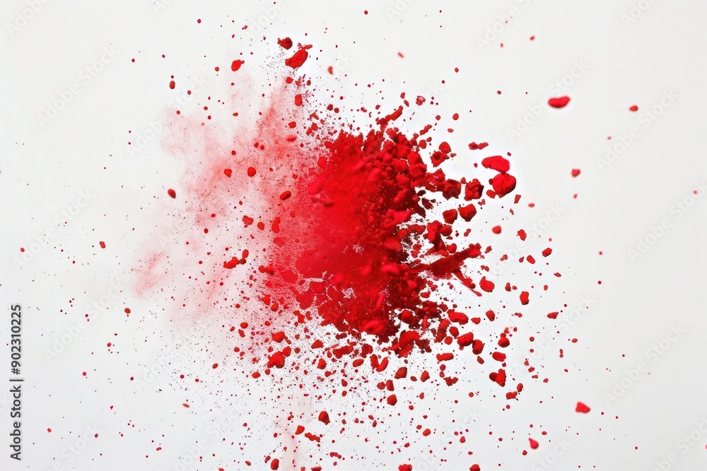 Dynamic splash of red Holi paint powder, floating against a stark white background, with particles scattering in high definition detail. Dynamic splash of red Holi paint powder, floating against a stark white background, with particles scattering in high definition detail.