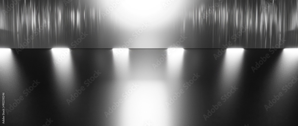 Obraz premium A minimalist, black and white image featuring a textured surface with illuminated strips and spotlights.
