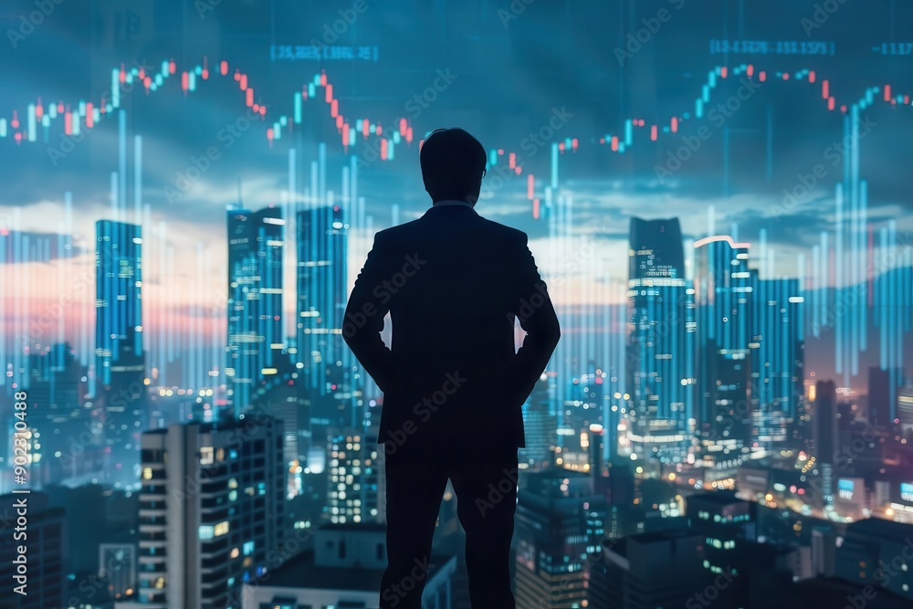 A businessman surveys a bustling city skyline, illuminated by financial data and graphs, symbolizing economic growth and ambition. A businessman surveys a bustling city skyline, illuminated by financial data and graphs, symbolizing economic growth and ambition.
