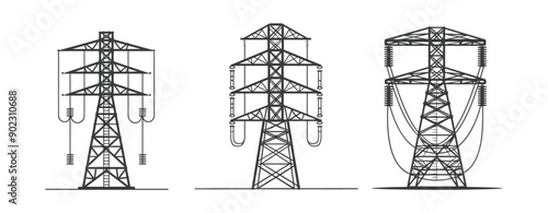 collection electricity pylons with crossbars and wires silhouette ,generative ai