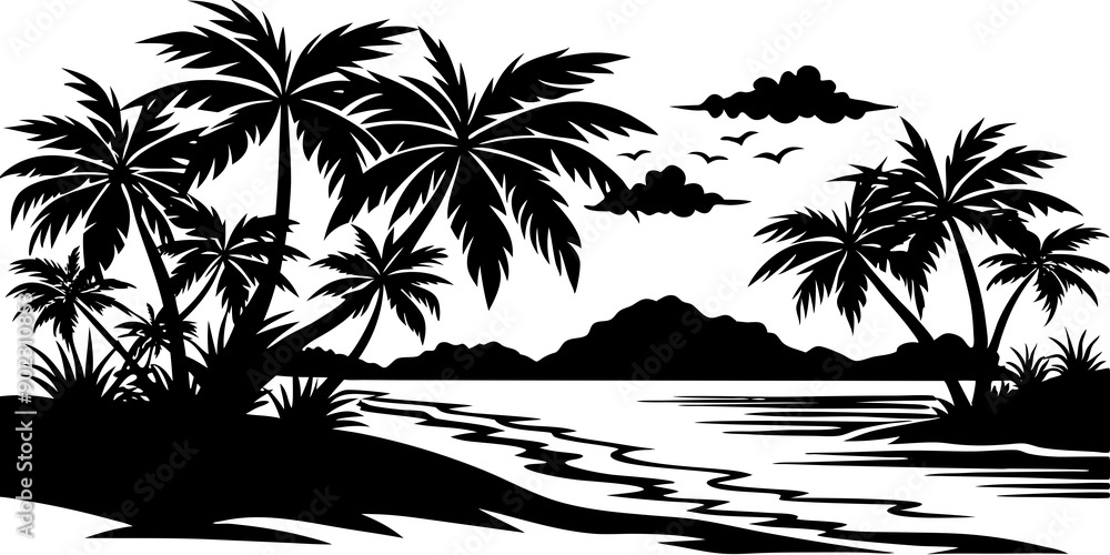 Tropical Paradise: Sunrise Silhouette of Beach Sand, Trees, and Coconut Palms Tropical Paradise: Sunrise Silhouette of Beach Sand, Trees, and Coconut Palms