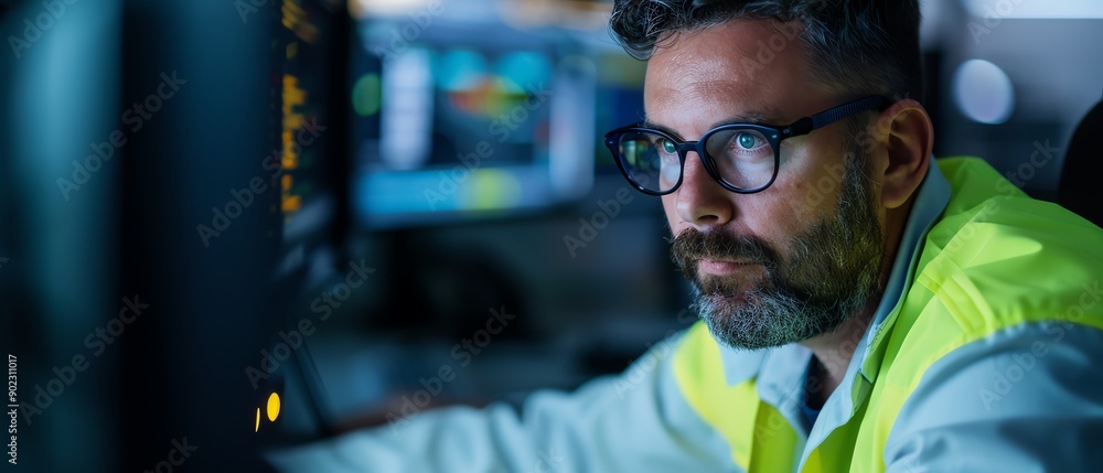Focused engineer monitoring data on multiple screens in a control room, wearing safety vest and glasses at night. Focused engineer monitoring data on multiple screens in a control room, wearing safety vest and glasses at night.