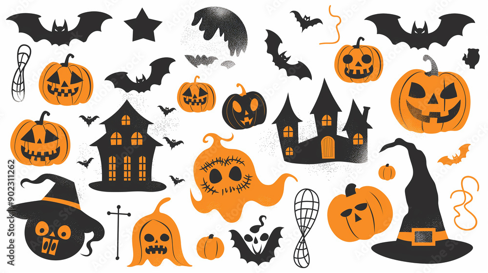 Fototapeta premium Vector Halloween elements including pumpkins, bats, and ghosts on white.