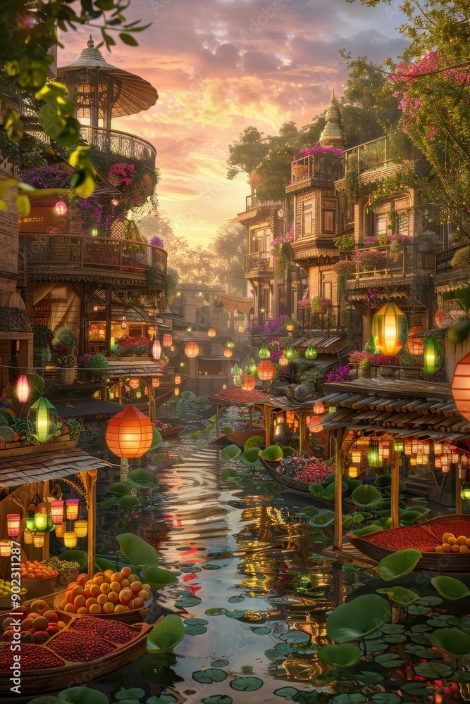 A whimsical image of an Indian marketplace floating on lily pads in a giant pond, stalls filled with oversized fruits and flowers, colorful lanterns hanging above, and a backdrop of a vibrant sunset, A whimsical image of an Indian marketplace floating on lily pads in a giant pond, stalls filled with oversized fruits and flowers, colorful lanterns hanging above, and a backdrop of a vibrant sunset,