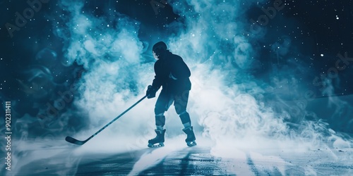 Man with hockey stick on snowy field