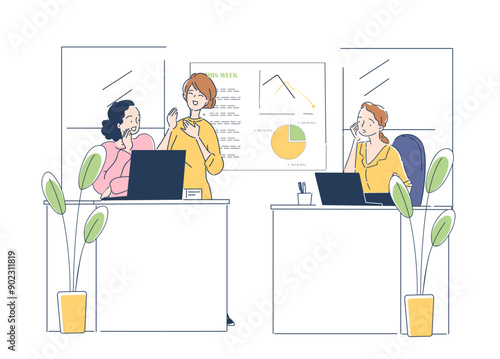Office workers gossiping. Women discussing rumors and news. Managers chatting at workplace. Business conversation and communication. Linear vector illustration isolated on white background