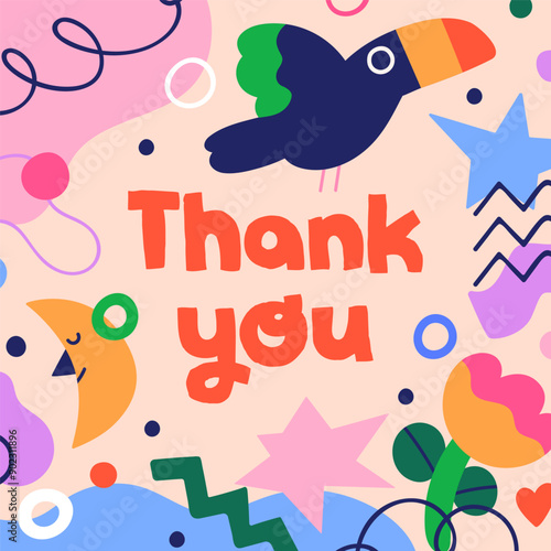 Thank you card design. Cute funny doodle background in kids playful style. Colorful cartoon elements, modern abstract bird, flower, squiggles. Thanks, square post, postcard. Flat vector illustration