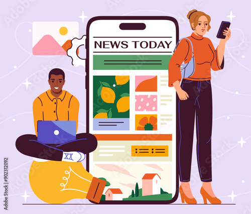 People with online news. Man and woman near smartphone with electronic newspaper. Mass media and journalist. Users consume content. Flat vector illustration isolated on violet background