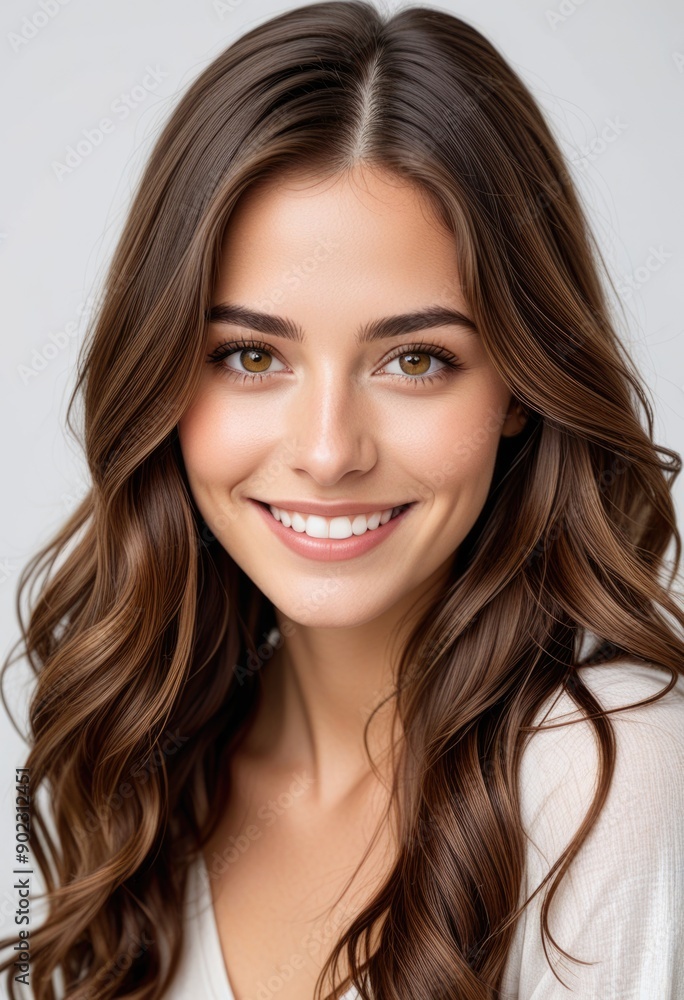 A young woman with long flowing brown hair and warm hazel eyes smiles gently at the viewer against a pure white backdrop A young woman with long flowing brown hair and warm hazel eyes smiles gently at the viewer against a pure white backdrop