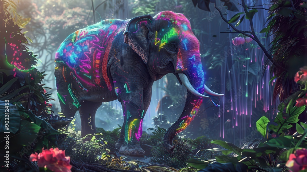 Obraz premium A fantastical depiction of an Indian elephant with neon patterns on its skin, walking through a futuristic, holographic jungle, the vibrant colors and glowing elements enhancing the magical and