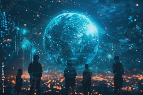 Silhouetted people around a holographic globe, highlighting global connectivity and technology. © jakapong