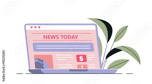 Online news at laptop. Newspaper at portable computer. Mass media and journalism. Business information and newsletter. Website with world daily news. Flat vector illustration