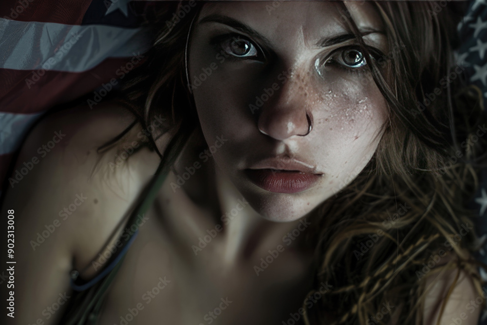 A woman with intense gaze fiercely patriotic A woman with intense gaze fiercely patriotic