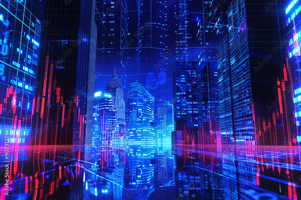 Neon digital theme depicting a price drop and economic downturn, illustrating a futuristic business crisis with holographic effects Neon digital theme depicting a price drop and economic downturn, illustrating a futuristic business crisis with holographic effects