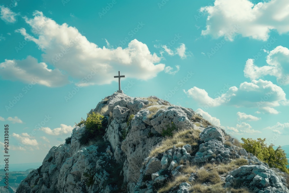 Fototapeta premium Mountain Cross Sky Background