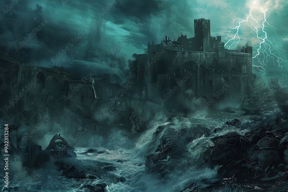 Ancient castle ruins by the stormy sea with lightning Ancient castle ruins by the stormy sea with lightning