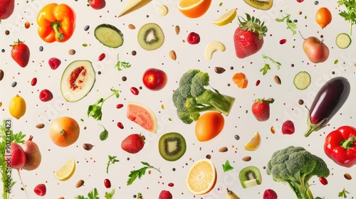 Assortment of fruits and vegetables suspended in the air, forming a seamless pattern on a light background