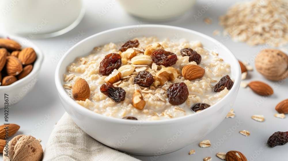Creamy oatmeal with nuts and raisins, served with milk, isolated on a plain white backdrop Creamy oatmeal with nuts and raisins, served with milk, isolated on a plain white backdrop