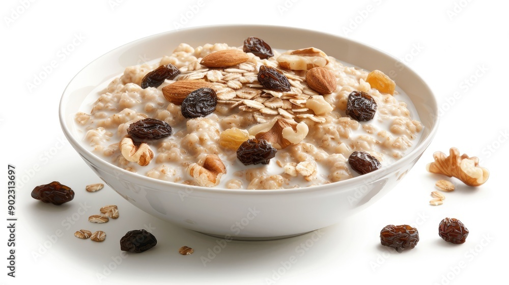 Creamy oatmeal with nuts and raisins, served with milk, isolated on a white backdrop Creamy oatmeal with nuts and raisins, served with milk, isolated on a white backdrop