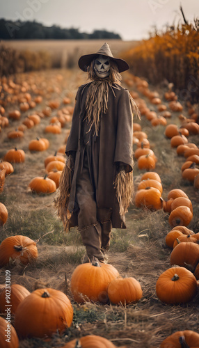 A spooky scarecrow with a skull mask and straw details walks through a pumpkin patch. The scene is set in a field with rows of bright orange pumpkins and autumn foliage in the background. photo