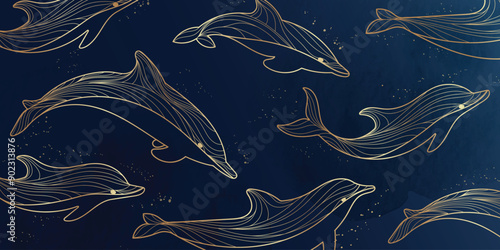 Sea animal golden line art on navy blue background vector. Wallpaper design with dolphin and watercolor texture. Ocean painting for wall decoration, interior, cover, banner, packaging, print.