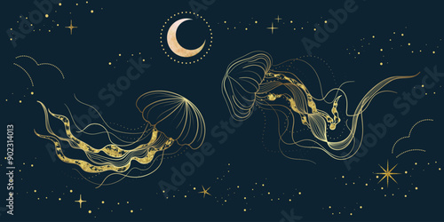 Sea animal golden line art on navy blue background vector. Wallpaper design with jellyfish, moon, gold foil texture. Ocean painting for wall decoration, interior, cover, banner, packaging, print.