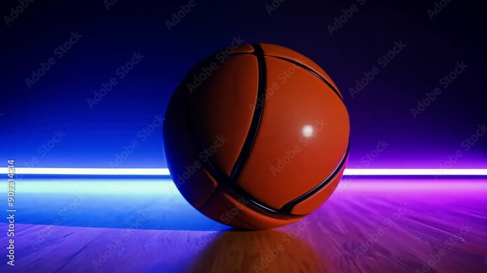 Focus shot of a lone basketball on a neon-lit court. Focus shot of a lone basketball on a neon-lit court.