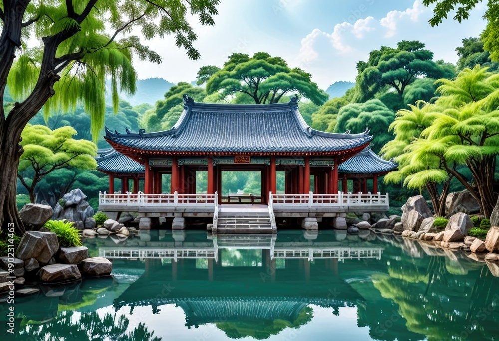 Fototapeta premium Ancient Chinese-style architecture surrounded by lush green trees and a tranquil water pond