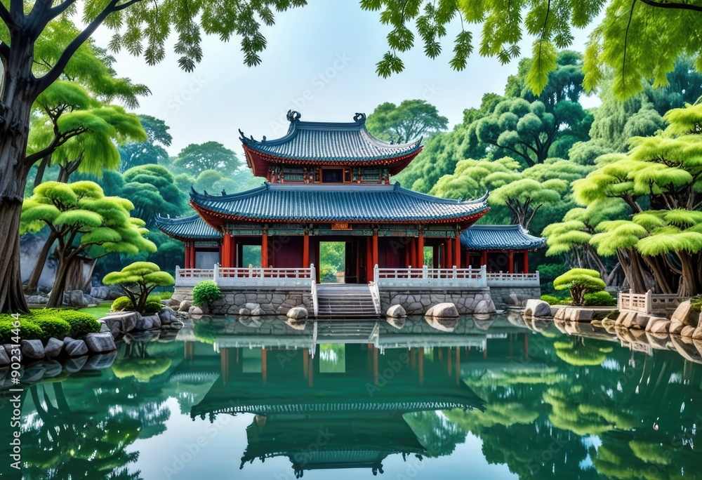 Ancient Chinese-style architecture surrounded by lush green trees and a tranquil water pond Ancient Chinese-style architecture surrounded by lush green trees and a tranquil water pond