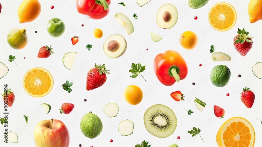 Fresh fruits and vegetables in the air, forming a dynamic seamless pattern on a plain background Fresh fruits and vegetables in the air, forming a dynamic seamless pattern on a plain background