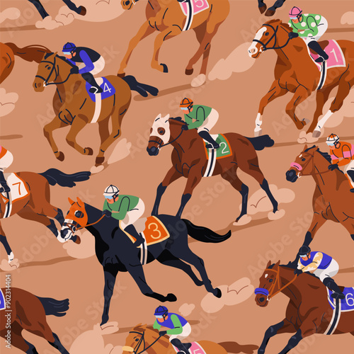 Seamless pattern, horse racing. Jockeys on racehorses, galloping. Endless background, repeating print design, horseback riders at speed. Flat vector illustration for textile, wrapping and fabric