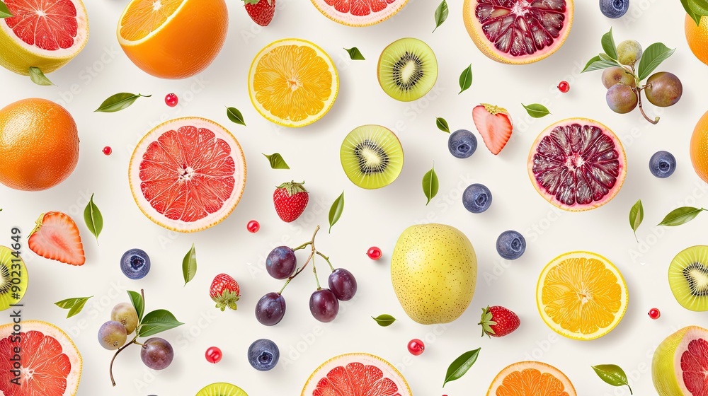 Fresh fruits including berries, citrus, and grapes, creatively arranged in an isolated seamless pattern Fresh fruits including berries, citrus, and grapes, creatively arranged in an isolated seamless pattern