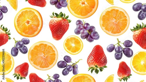 Fresh fruits including strawberries, oranges, and grapes, neatly arranged in a seamless pattern on a white background