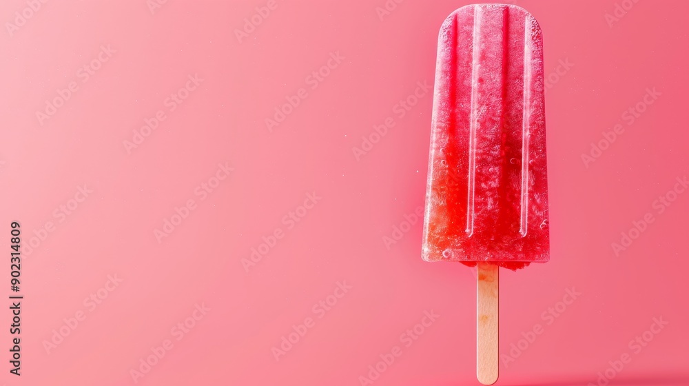 A red popsicle with a wooden stick on a pink background. The popsicle is dripping slightly, creating a sense of refreshment. A perfect image for summer, food, or drinks. A red popsicle with a wooden stick on a pink background. The popsicle is dripping slightly, creating a sense of refreshment. A perfect image for summer, food, or drinks.