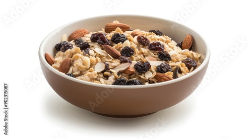 Hearty oatmeal with raisins, nuts, and milk, served in a bowl isolated on white