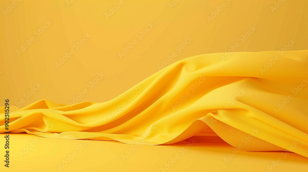 Obraz premium A vibrant yellow fabric draped over a matching background, creating a soft, abstract wave. The smooth texture and rich color offer a minimalist backdrop.