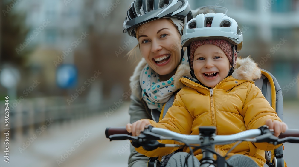 A joyful mother and child riding a bicycle together, showcasing love, adventure, and family bonding in an outdoor setting. A joyful mother and child riding a bicycle together, showcasing love, adventure, and family bonding in an outdoor setting.