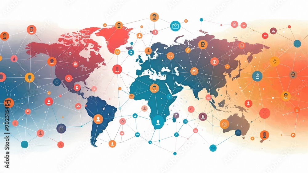 Fototapeta premium A vibrant illustration depicting interconnected networks across a world map.