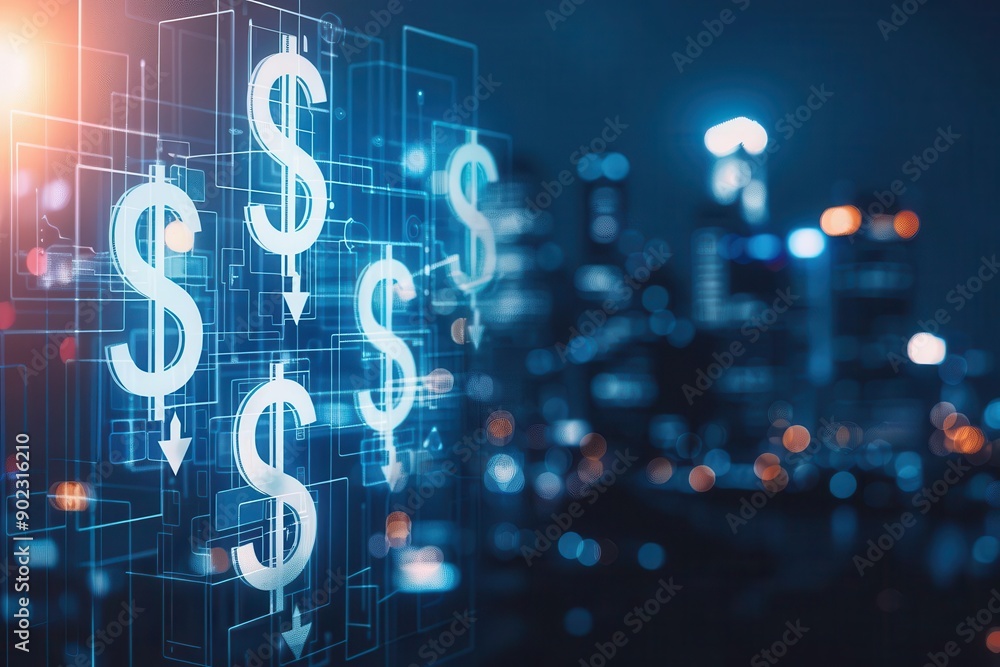 Abstract cityscape with digital symbols of dollar signs and downward arrows, urban finance, economic downturn Abstract cityscape with digital symbols of dollar signs and downward arrows, urban finance, economic downturn