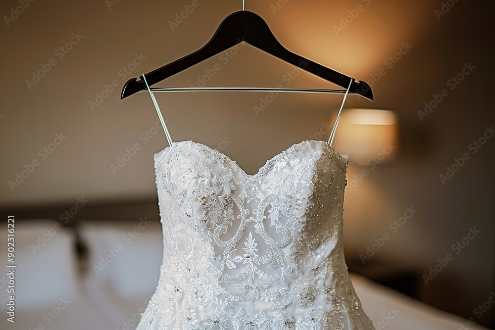 Elegant wedding dress hanging in room, intricate lace detail Elegant wedding dress hanging in room, intricate lace detail
