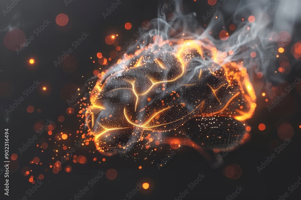 Abstract fiery brain in a dark smoky atmosphere symbolizing intense thought and the burning power of creativity in a surreal dreamlike setting. Abstract fiery brain in a dark smoky atmosphere symbolizing intense thought and the burning power of creativity in a surreal dreamlike setting.