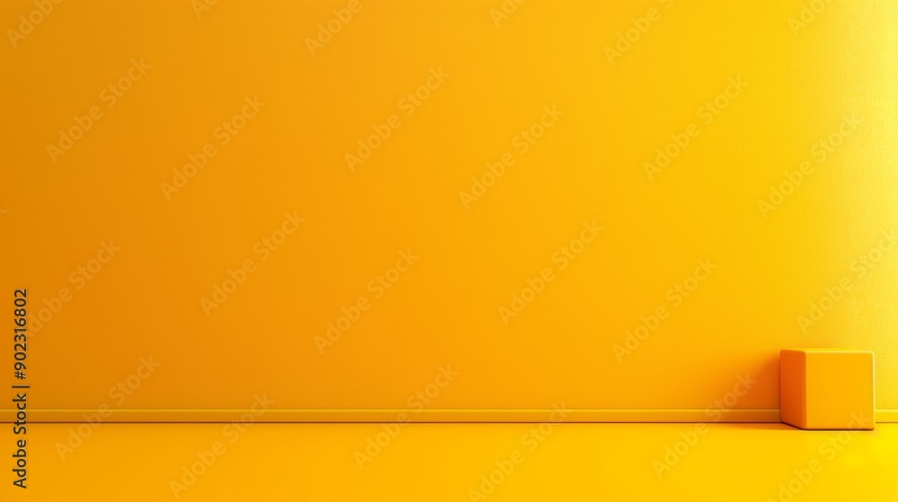 Minimalist abstract background with a single yellow cube against a bright yellow wall. Minimalist abstract background with a single yellow cube against a bright yellow wall.