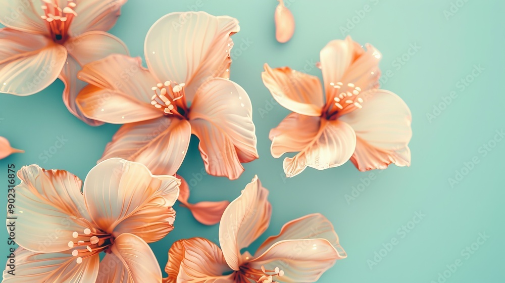 Peach hibiscus flowers arranged on a light blue background. Peach hibiscus flowers arranged on a light blue background.