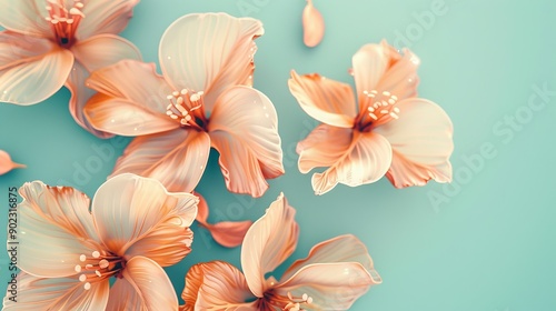 Peach hibiscus flowers arranged on a light blue background.