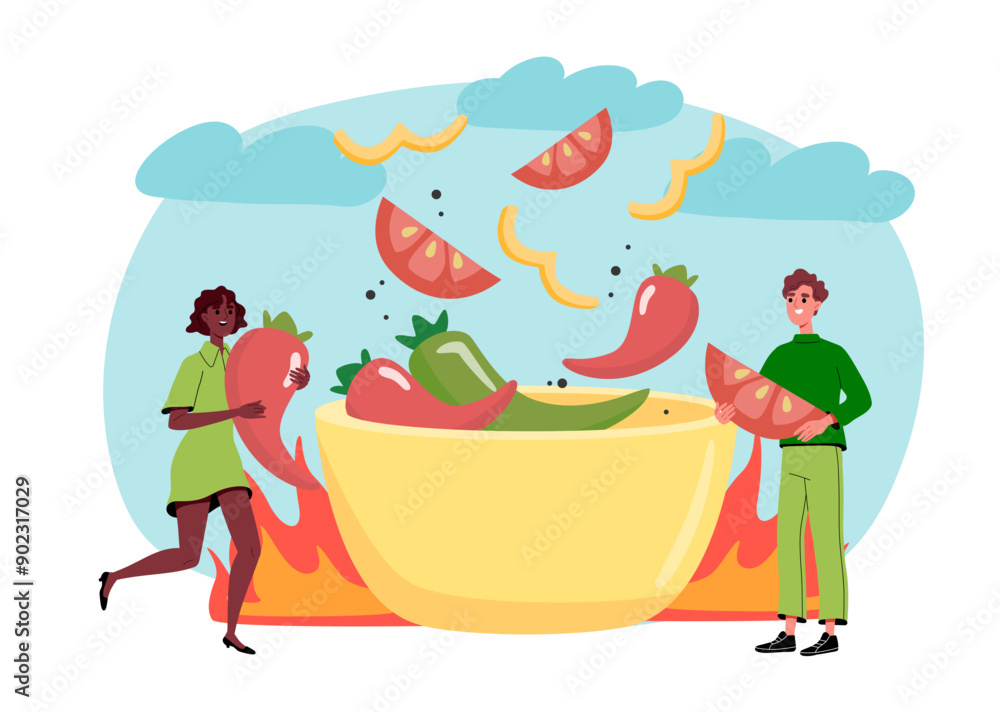People cook spicy food. Man and woman with vegetables near large plate. Vegetarian diet and healthy eating. Tomato and chilli pepper. Flat vector illustration isolated on white background People cook spicy food. Man and woman with vegetables near large plate. Vegetarian diet and healthy eating. Tomato and chilli pepper. Flat vector illustration isolated on white background