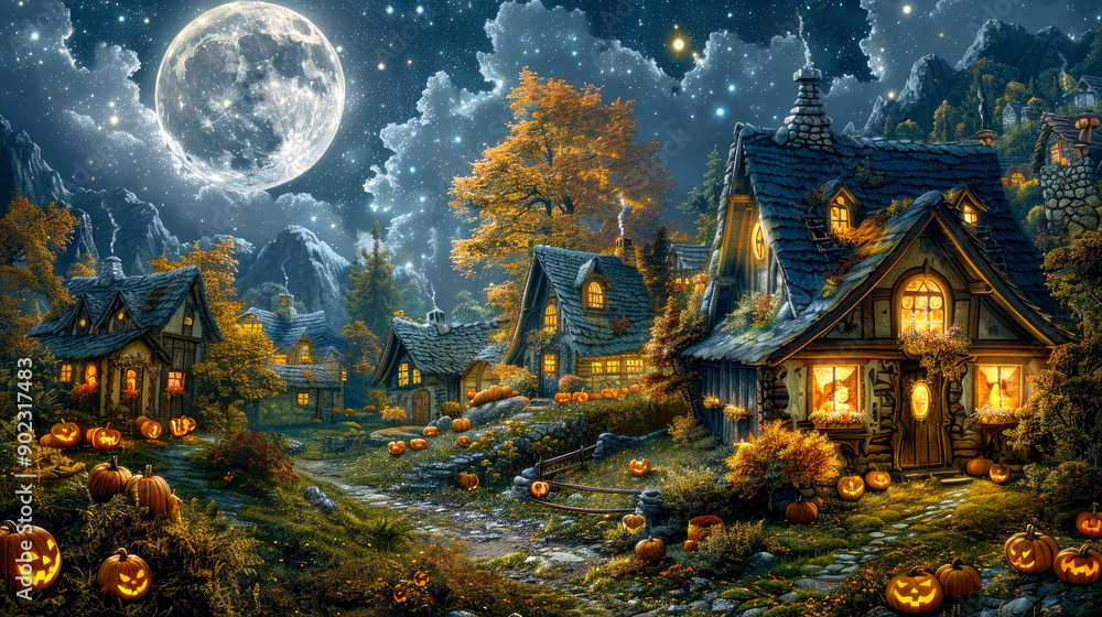 Obraz premium A charming Halloween scene featuring cozy houses, glowing pumpkins, and a bright full moon under a starry night sky.