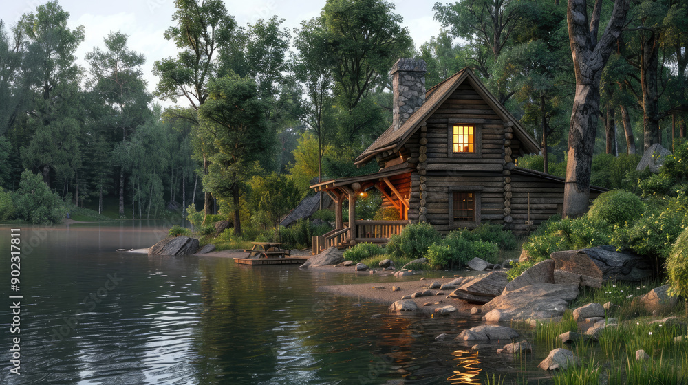 A serene lakeside cabin surrounded by lush trees, perfect for relaxation and retreating into nature's tranquility. A serene lakeside cabin surrounded by lush trees, perfect for relaxation and retreating into nature's tranquility.