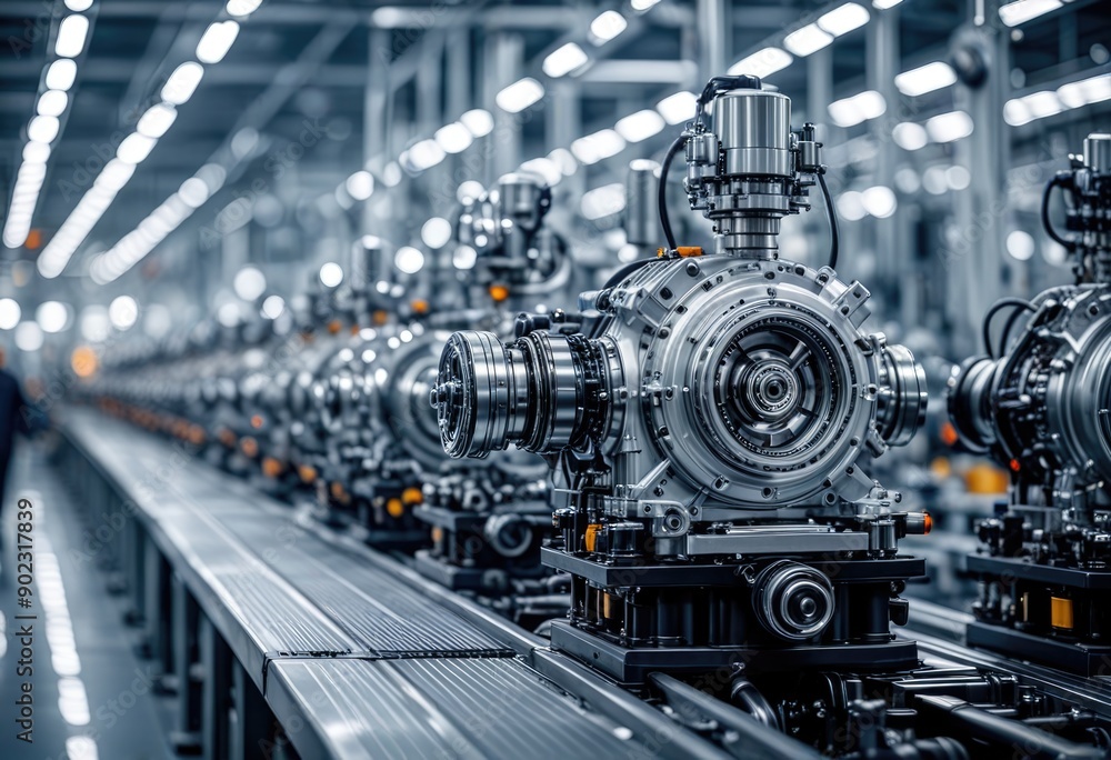 the engine assembly line process in an automotive plant, highlighting key stages and machiner the engine assembly line process in an automotive plant, highlighting key stages and machiner