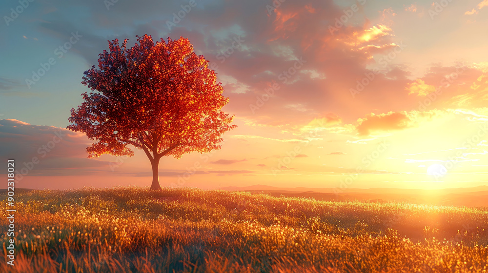 A serene sunset landscape featuring a vibrant tree amidst a glowing horizon, capturing the beauty of nature and tranquility. A serene sunset landscape featuring a vibrant tree amidst a glowing horizon, capturing the beauty of nature and tranquility.